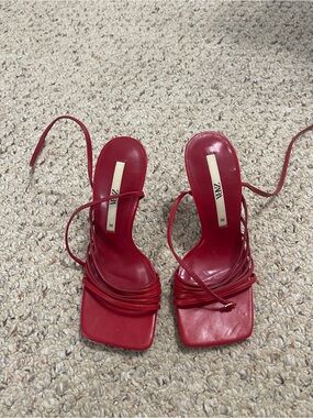 Zara Red Strappy Square-Toe Lace-Up Heels
